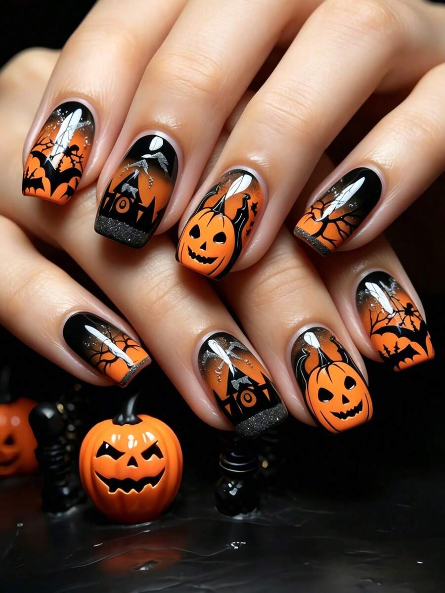 Añade un ambiente romántico 24 piezas de uñas postizas cuadradas cortas de Halloween, calabaza malvada & castillo degradado naranja-negro estilo francés de cobertura completa, incluye pegamento de gelatina y mini lima de uñas, adecuado para mujeres y niñas para uso diario, fiestas, compras, citas, DIY, pegamento de gelatina enviado al azar - Multicolor - Ver 1