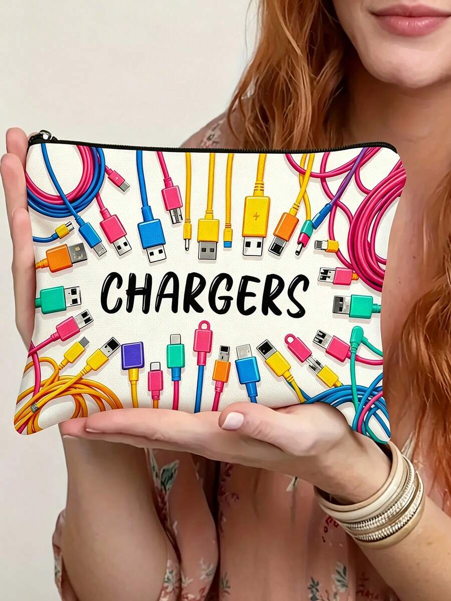 Colorful Cable Charger Printed Storage Bag, Multi-Functional Travel Electronics Organizer, Portable Canvas Zipper Makeup Bag, Suitable For Chargers, Data Cables, Earphones And All Tech Accessories - Multicolor - View 1