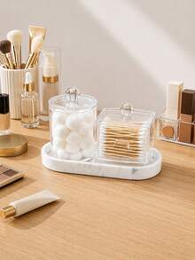 Clear Acrylic Cotton Pad & Swab Holder Set With Silicone Marble Tray, Bathroom Vanity Organizer, Makeup Storage Container With Lid - Multicolor - View 4