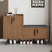 Modern Shoe Bench With Wood Grain, Storage Cabinet, 4 Storage Doors, Asymmetric Metal Handles, - Natural - View 1