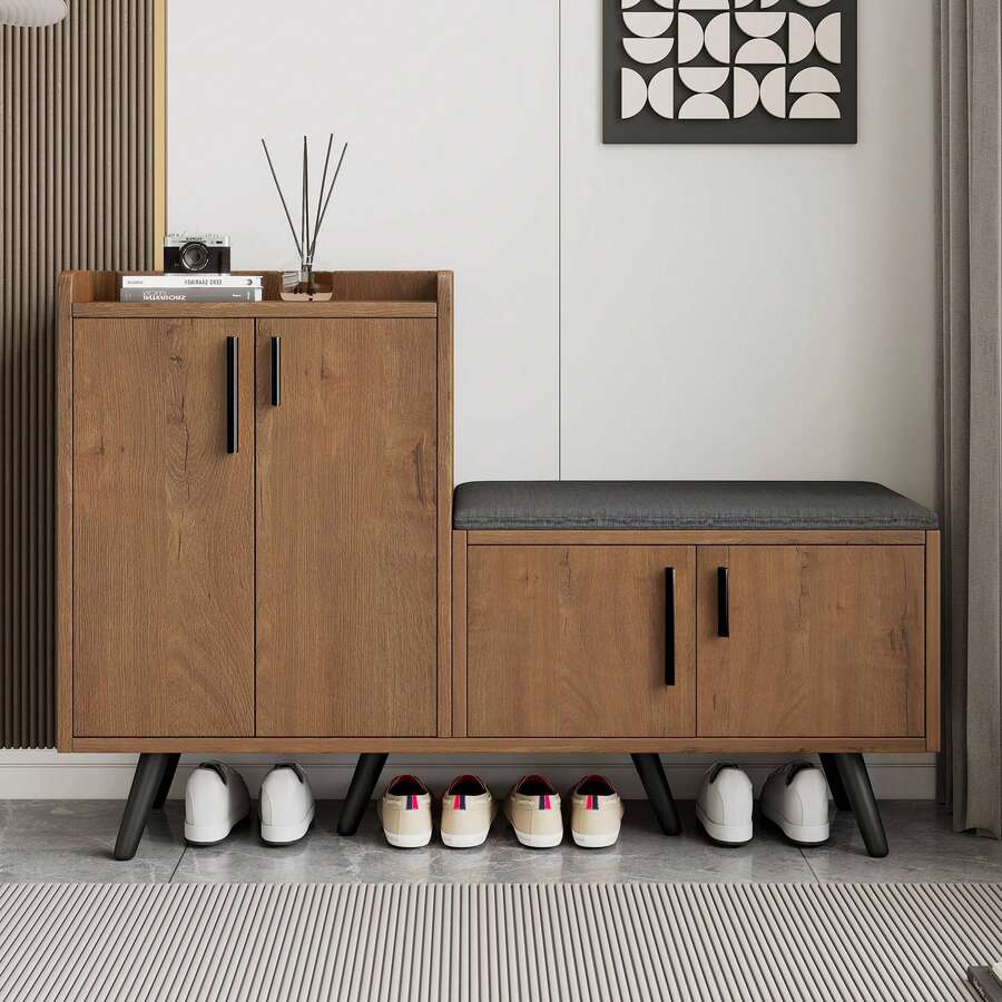 Modern Shoe Bench With Wood Grain, Storage Cabinet, 4 Storage Doors, Asymmetric Metal Handles, - Natural - View 1