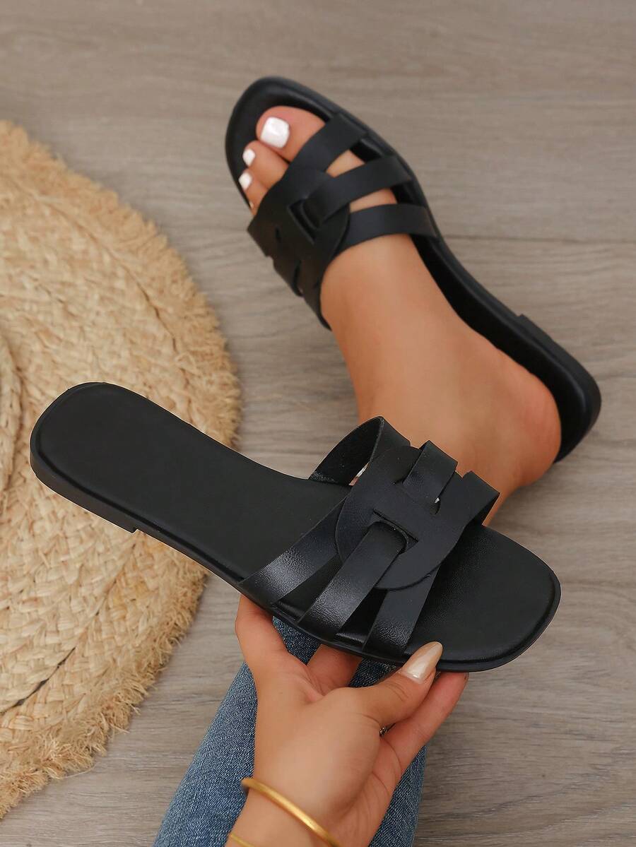 黑色編織H型帶平底涼拖鞋：時尚夏季露趾涼鞋，適合海灘、派對與日常通勤