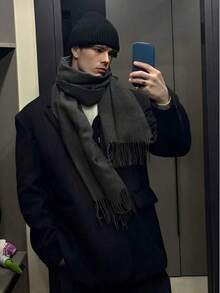 1pc Autumn/WinterFashionableElegantSolidColor Wool Warm Pashmina Scarf For Men And WomenCasual Cold-Proof Tassel Couple Shawl, Suitable For Daily Wear - Black - View 1