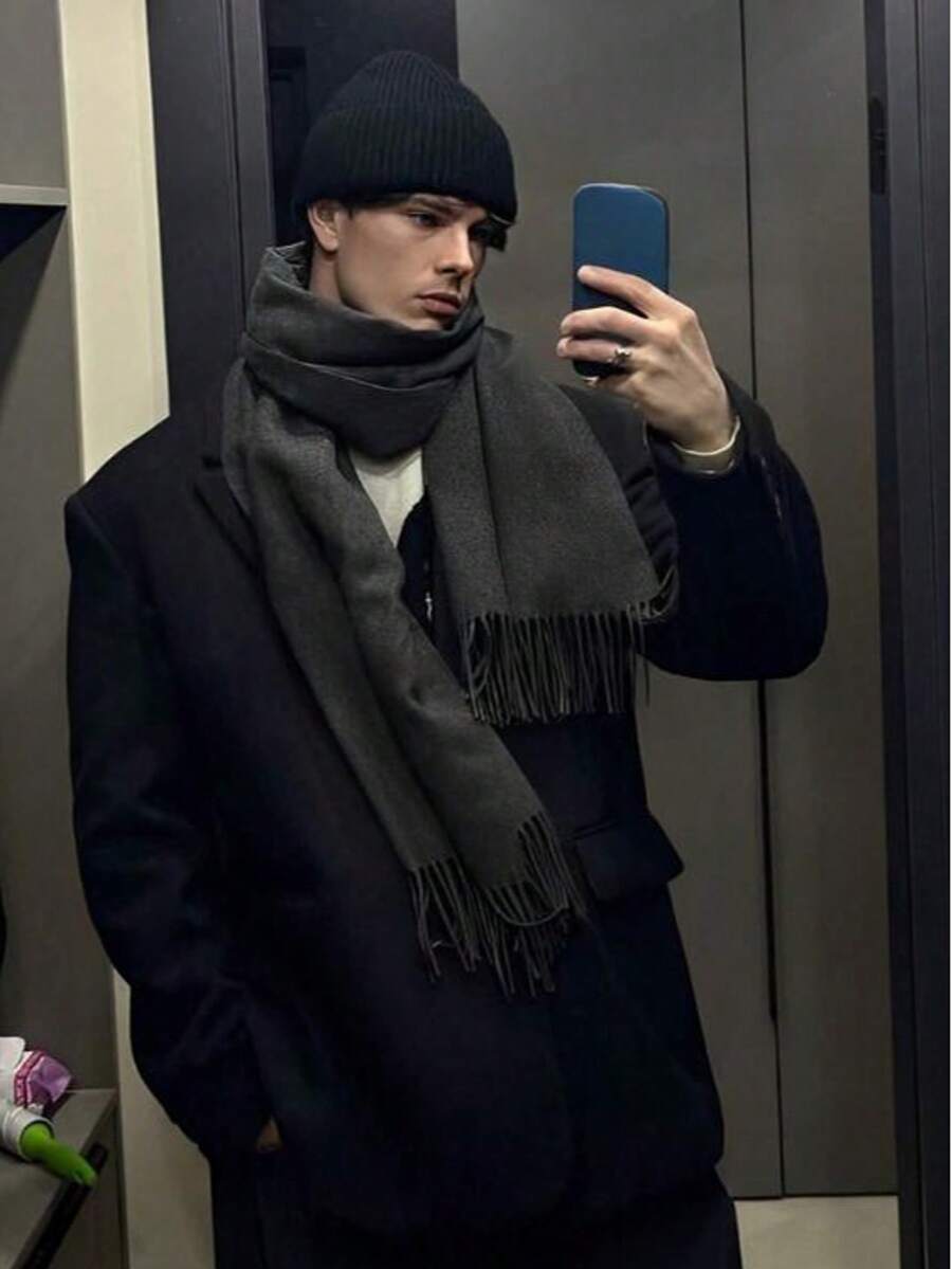 1pc Autumn/WinterFashionableElegantSolidColor Wool Warm Pashmina Scarf For Men And WomenCasual Cold-Proof Tassel Couple Shawl, Suitable For Daily Wear - Black - View 1