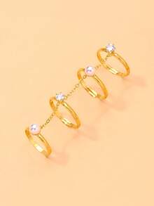 outingfit 1pc Multi-Layer Rhinestone & Pearl Gold-Plated Ring, Elegant Daily Date Jewelry Bracelet - Multi-story - View 2