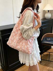 1pc/4pcs Back To School 3D Floral Embossed Canvas Tote Bag, Large Capacity Macaron Color Flower Shoulder Handbag, Student Casual Aesthetic School Bag, Suitable For Library, Classroom, Travel - Multiple Styles - View 14