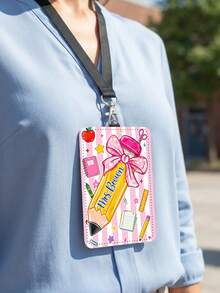 1pc Customized Pencil Bowknot Teacher Badge Pendant, Pink & Blue Plaid Striped Luggage Tag, ID Card Holder, Teacher Appreciation Gift, Back To School, New Job Gift - Multicolor - View 3