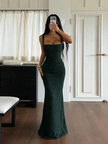 夏季優雅派對百褶修身無袖洋裝，奢華婚禮晚禮服，女款度假生日、假日、晚餐穿搭 - 墨綠色 - 查看 4