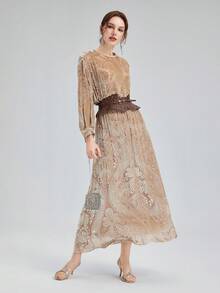 Rich Radi Q's Rok A-Line Panjang Sedang Elegan untuk Wanita, Dihiasi dengan Bordir Indah, Kain Tenun Menciptakan Gaya Bohemian Kasual - Aprikot - View 3