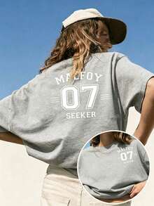 Women Crew Neck Tee, Malfoy 07 Seeker Back Print Short Sleeve, Stretchy All Season Casual Spring Summer Autumn Daily Printed Top - 灰色 - 查看 9