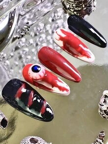 10PCS Women Almond Nails, Acrylic Fake Nails With 3D Eyeball Nail Charms & Glossy Blood Drip Nail Art, White Red Black Horror Striped Almond Cut, Handmade Spooky Gothic Press On Nails, Nail Supplies - Hot Pink - View 6