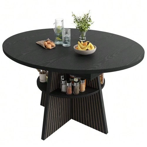 Extendable Dining Table With Open Storage Compartment In The Legs, Multifunctional Space-Saving Table For Small Rooms, Living Rooms And Dining Rooms, Thick Tabletop, Rounded Corners, Black Color. - 黑色 - 查看 1