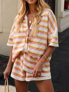 Women's Crochet Striped 2 Pieces Set, Includes A Button-Up Collar Top And Shorts, Perfect For Elegant Summer Casual Wear - Pink - View 2