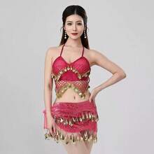 Women's Belly Dance & Style Costume (Bra + Waist Chain), Fringed Dance Top, Slit Skirt, Wrap-Around Skirt, Bohemian, Retro, Sari-Inspired Design,Hip Wrapped Skirt, Dance Skirt, Bohemian, Retro Style, Saree Sari Inspiration. - Multicolor - View 14