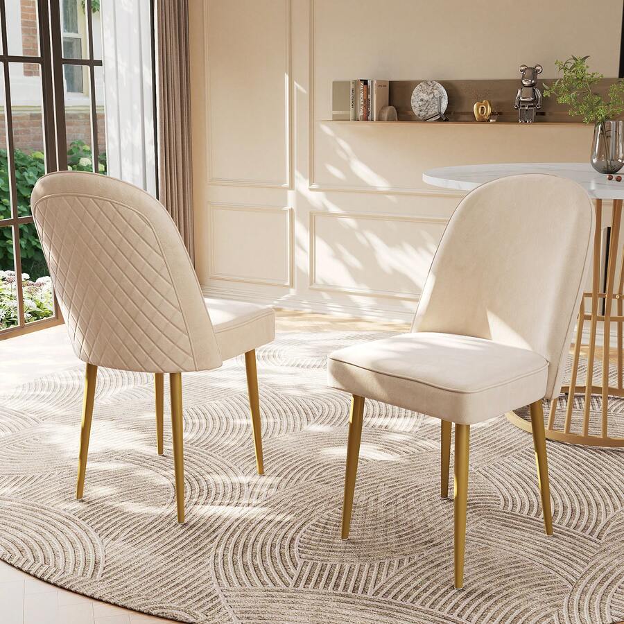 Dining Chairs, Modern Beige Velvet Dining Chair Set With Golden Metal Legs, Stylish And Comfortable - 米色 - 查看 1