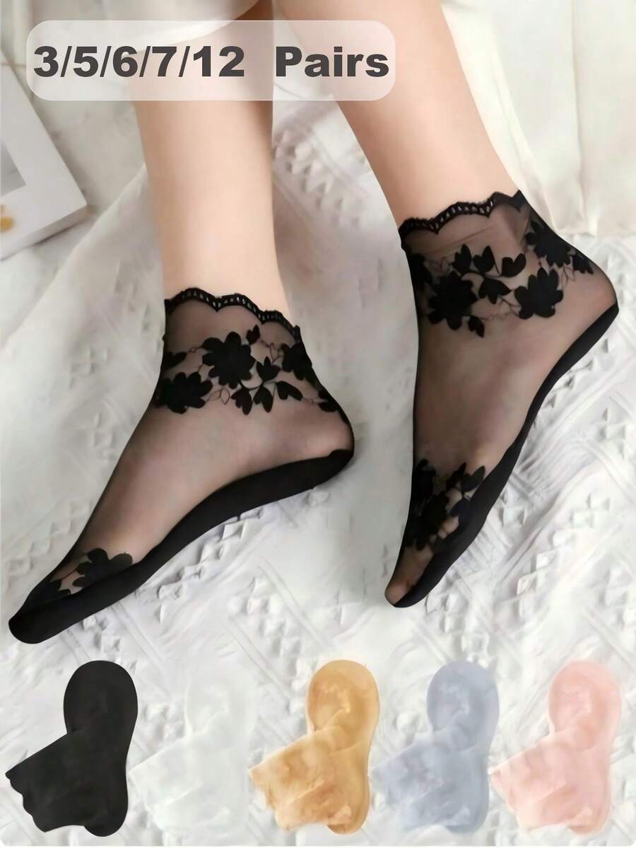 3/5/6/7/12雙女款夏季薄款透明蕾絲短襪,黑白色葉子刺繡,透氣防滑,開學季日常穿著 - 彩色 - 查看 1