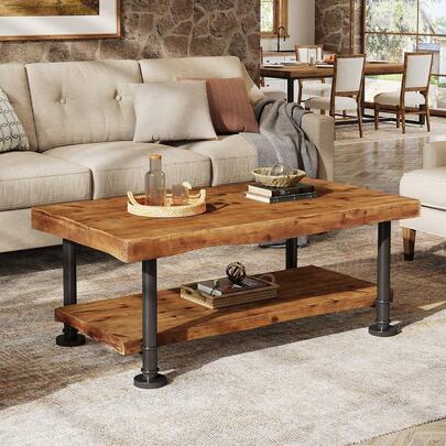 Rectangular Farmhouse Coffee Table With Two Tier Storage Shelf And Live Edge Style Accent Wood Top, Industrial Center Cocktail Tea Table With Metal Legs For Living Room And Lounge, Brown And Black