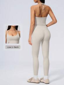 NcmRyu Women's One Set Solid Color Halter Tie U-Neck Backless Cropped Tank Top & High Waist Ankle Pants Sports Set - Grey - View 11