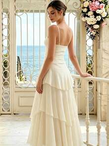 Women's Elegant Asymmetrical Ruffle Strap Dress, Versatile Design Suitable For Party, Beach, Vacation In Summer Wedding - Apricot - View 7