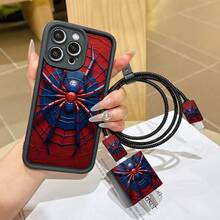 6件組液態黑色蜘蛛手機殼圖案 + 充電頭保護套 + 線材保護套 + 收納繩 + 數據線保護纏繩 TPU 防摔保護殼，適用於 Apple 17 16e 16 15 14 13 12 11 Mini Pro Max Air X XR XSMAX 8 7 Plus，防摔磨砂背殼，智慧型手機保護殼，日常使用殼，時尚手機配件，創意設計，UV 印刷設計，時尚保護殼，時尚愛好者，音樂愛好者，生日禮物首選 - 彩色 - 查看 3