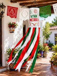 1pc Viva Mexico Windsock, Mexican Style Polyester Wind Spinner With Firework Print, Cylindrical Tube Top And Long Green White Red Streamer Tails For Patio, Balcony, Porch, Yard, Garden And Independence Day Decor - B - View 4