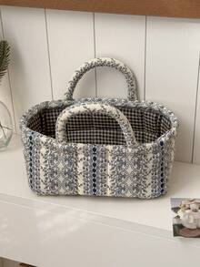 1pc Set French Vine Storage Basket Vintage Blue White Floral Quilted Handheld Portable Cosmetic Sundries Desktop Organizer Container Box Home Decor Craft Gift - View 12