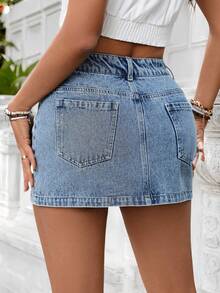 Women's Mid Blue Denim Mini Skirt, High Waist Casual Jean Skirt, Summer Streetwear,High Waisted Mid Blue Denim Skirt For Women Classic Jean Mini Skirt - Blue - View 2