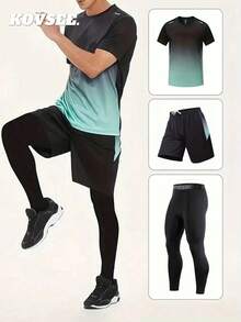 KOVSEE 3件組男士運動戶外跑步、籃球、足球球衣，快乾透氣健身運動套裝，夏季款 - 綠色 - 查看 1