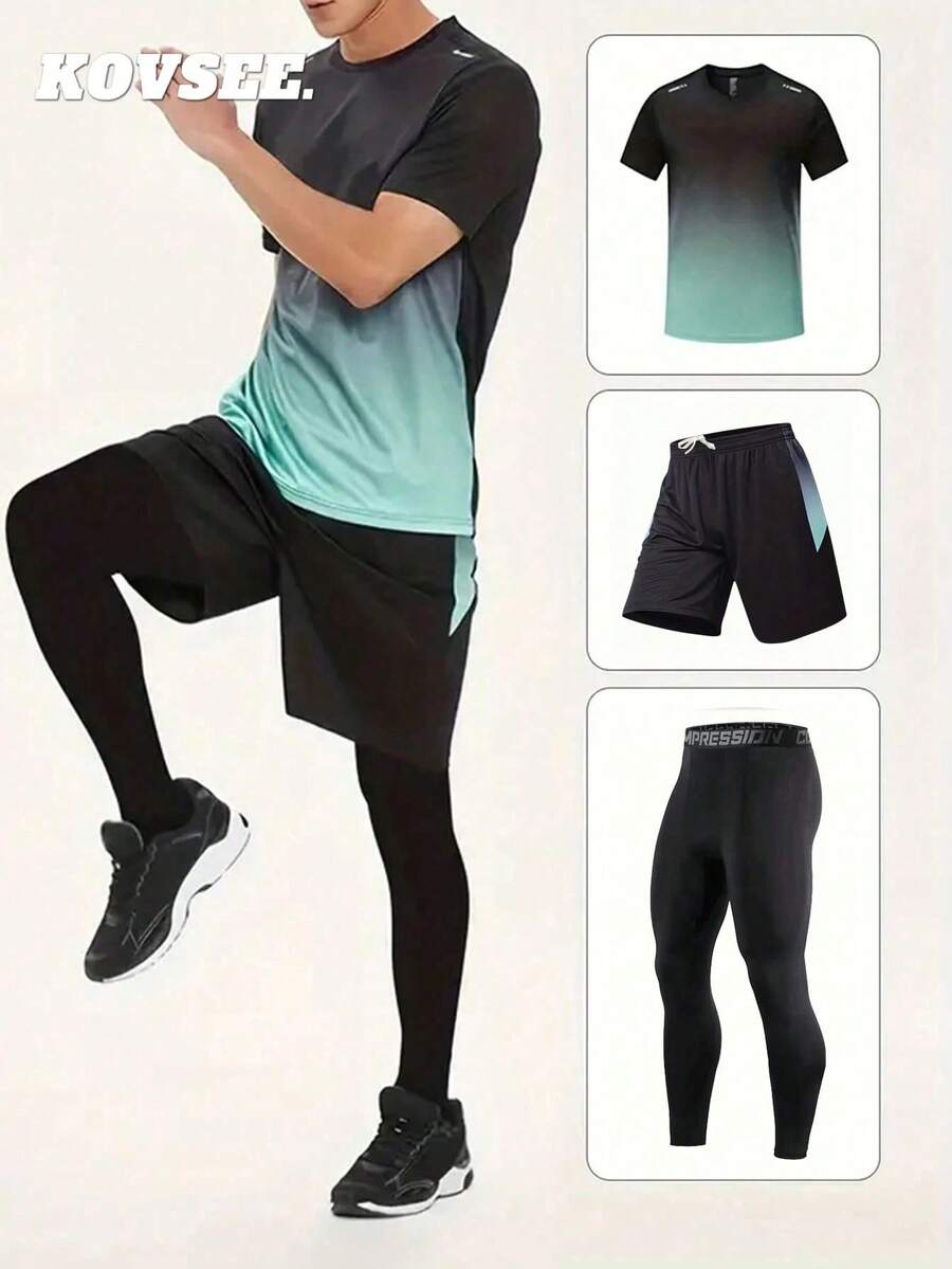 KOVSEE 3件組男士運動戶外跑步、籃球、足球球衣,快乾透氣健身運動套裝,夏季款 - 綠色 - 查看 1