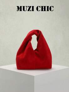 Tas Clutch Suede Merah dengan Tali Simpul, Bentuk Segitiga Sederhana, Dompet Genggam Portabel untuk Acara Formal dan Aktivitas Sehari-hari - Merah - View 6