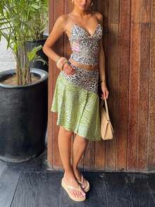 DOUCIU 2pcs Leopard Cami Tank Top & Asymmetrical Knee-Length Skirt Sets Island Vacation Style - Green - View 2