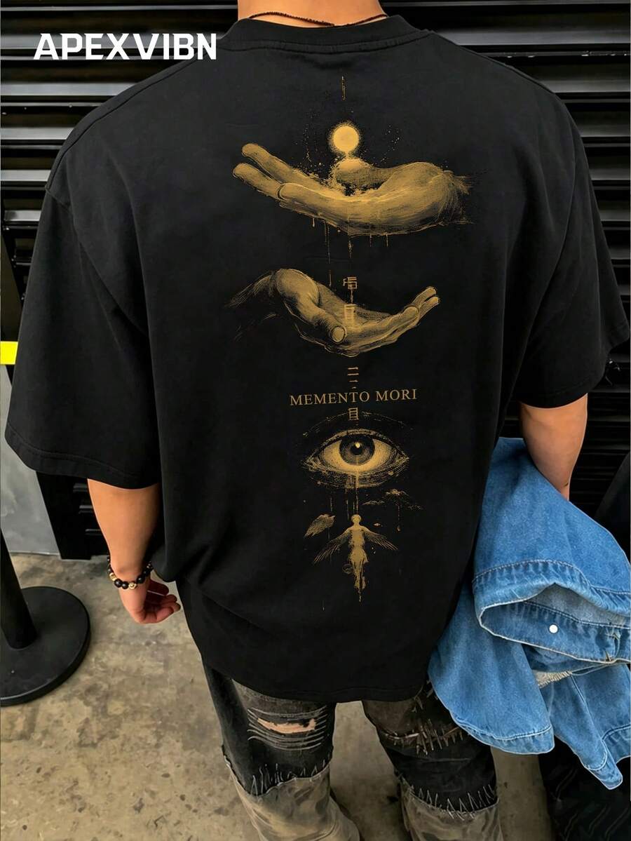 Dark God's Eye Palm Print T-Shirt, High Street Vintage Loose Black Short Sleeve - Black - View 1