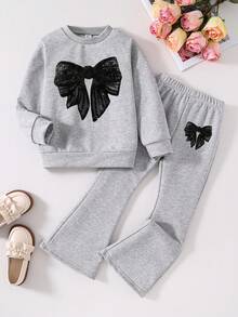 Tween Girls' Bow Pattern Printed Crew Neck Sweatshirt And Flare Pants - Grey - View 1