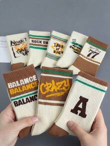 5 Pairs Random Style Maillard Print Vintage Letter Print Boat Socks, Fashion Men's Sports Socks, Autumn Style - Multicolor - View 2
