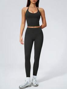 NcmRyu Women's One Set Solid Color Halter Tie U-Neck Backless Cropped Tank Top High Waist Ankle Pants Sports Outfit - Black - View 6
