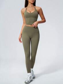 NcmRyu Women's One Set Solid Color Halter Tie U-Neck Backless Cropped Tank Top High Waist Ankle Pants Sports Set - Green - View 7