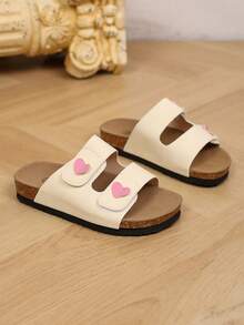 Girls' Double Hook & Loop Heart-Shaped Sandals, Soft Cork Arch Support, Non-Slip Flat Bottom Slippers, Summer Outdoor Casual Slides, Adjustable Strap Soft Sole Indoor/Outdoor Beach Flip-Flops - Apricot - View 5
