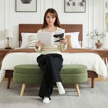 Storage Bench Beige Chenille 110cm – Space-Saving For Entryway, Bedroom, Living Room - 綠色 - 查看 9
