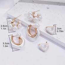 6Pcs French Design Heart Faux Pearl C-Shaped Earrings, Exaggerated Luxury Asymmetrical Dangle Earrings For Women, Fashionable Jewelry For Daily Wear, Party And Banquet - Multicolor - View 3