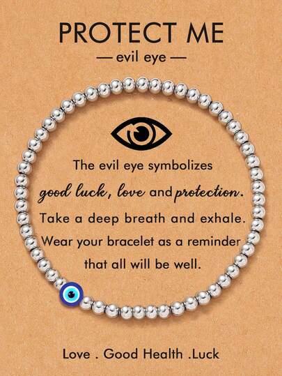 Evil Eye Lucky Amulet Bracelet, Silver Beads, Adjustable Elastic Cord, Minimalist Design, Gift For Mom, Grandma, Daughter, Sister - Daily Occasion Gift, Suitable For All Seasons, Daily Wear Bracelet | Minimalist Bracelet | Elastic Bracelet