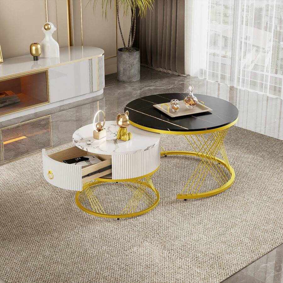 Set Of 2 Elegant Modular Coffee Table Set – Table With Drawers – Black And Gold - Black - View 1