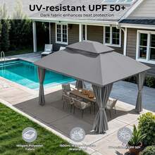 Outdoor Gazebo 10'*13' For Patio, Metal Frame Canopy With Double Roofs, Heavy Duty Party Tent With Mosquito Netting And Curtains For Backyard, Garden, Lawn And Deck, Grey - Grey - View 2