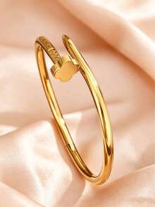 1/3pcs Stainless Steel Bracelet Set, Twisted Rope Clover Rhinestone Open Cuff Bangle, Niche Non-Fading Stackable Commuter Women's Jewelry - Gold - View 3