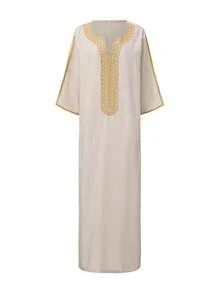 Áo choàng dài nam truyền thống Ả Rập tay ngắn dáng rộng thêu họa tiết Maroc, Kaftan văn hóa Abaya nam cho lễ hội Hồi giáo - Rượu sâm banh - Xem 2