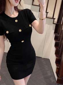 新款春夏修身针织迷你连衣裙，收腰短款女装 - 黑色 - 查看 5