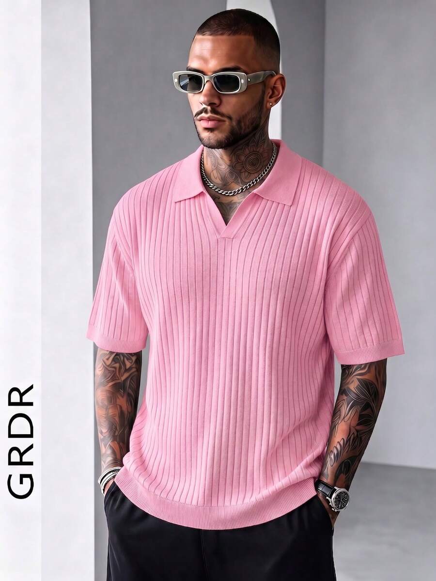 GRDR Men's Solid Color Short Sleeve Knit Sweater, Fashionable For Summer