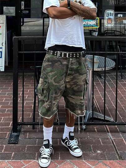 Y2K Summer Straight Leg Versatile Camouflage Cargo Mid-Length Pants, Fashion Casual Personalized Street Youth Sporty Collegiate Style, Suitable