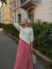 Off-White Diamond Cable Knit Asymmetrical Cold Shoulder Drop Shoulder Loose Long Sleeve Sweater For Women, French Gentle Pure Desire Style, Suitable For Spring/Autumn Dating, Store Visiting, Casual Outfits - Beige - View 2