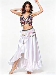 Sequin Spaghetti Strap Collar + Flowing Dance Skirt Inner Layer + Coin Tassel Waist Chain - Belly Dance Performance Festival Decorative Costume - Multicolor - View 10