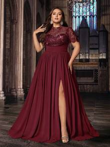 Gaun Panjang Elegan Ukuran Plus Berpayet, Renda, Chiffon untuk Pengiring Pengantin, Tamu Pernikahan, Musim Semi/Musim Panas, Gaun Formal, Koktail, dan Malam Hari - Burgundy - View 3